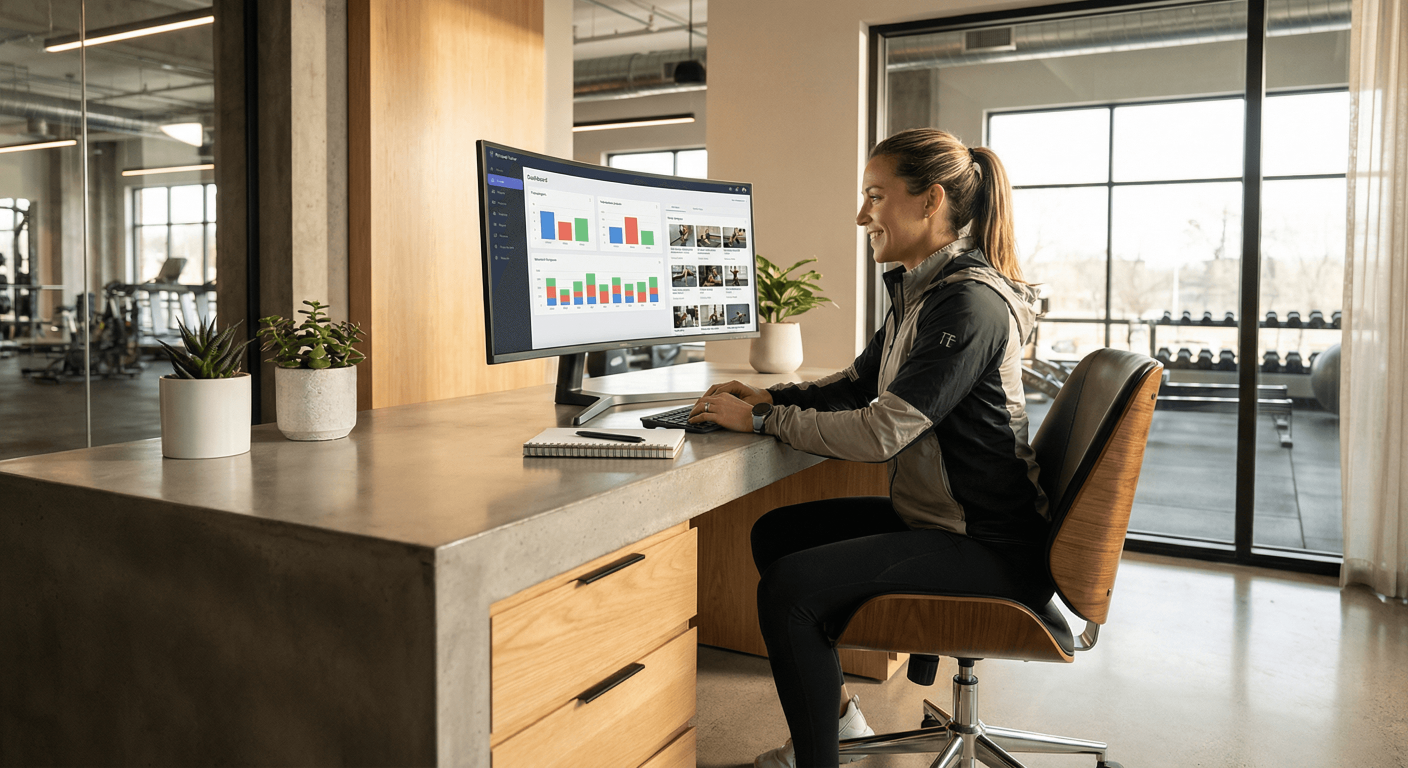 Trainer working on program builder at desk