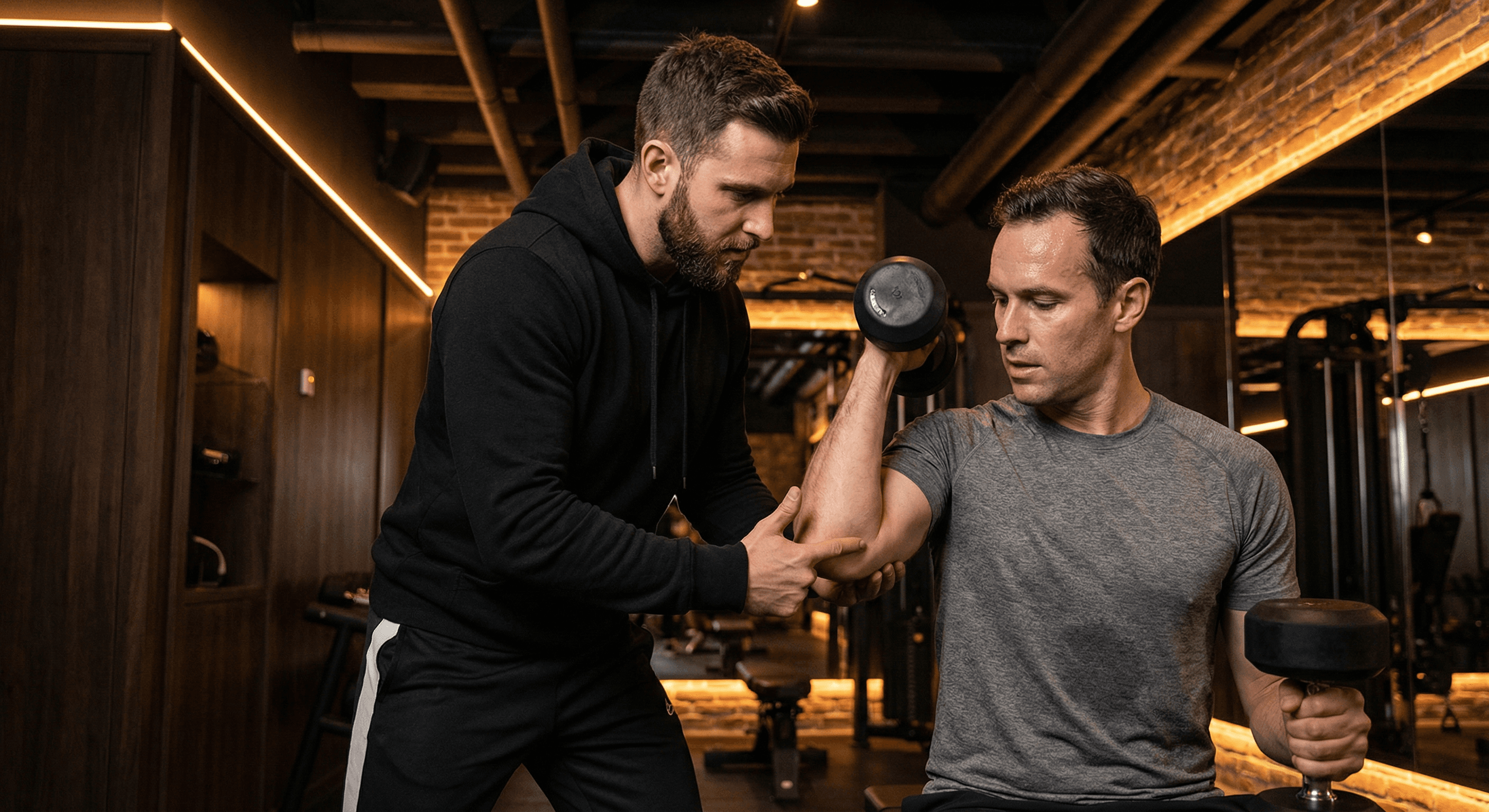 Professional trainer coaching a client in a premium gym