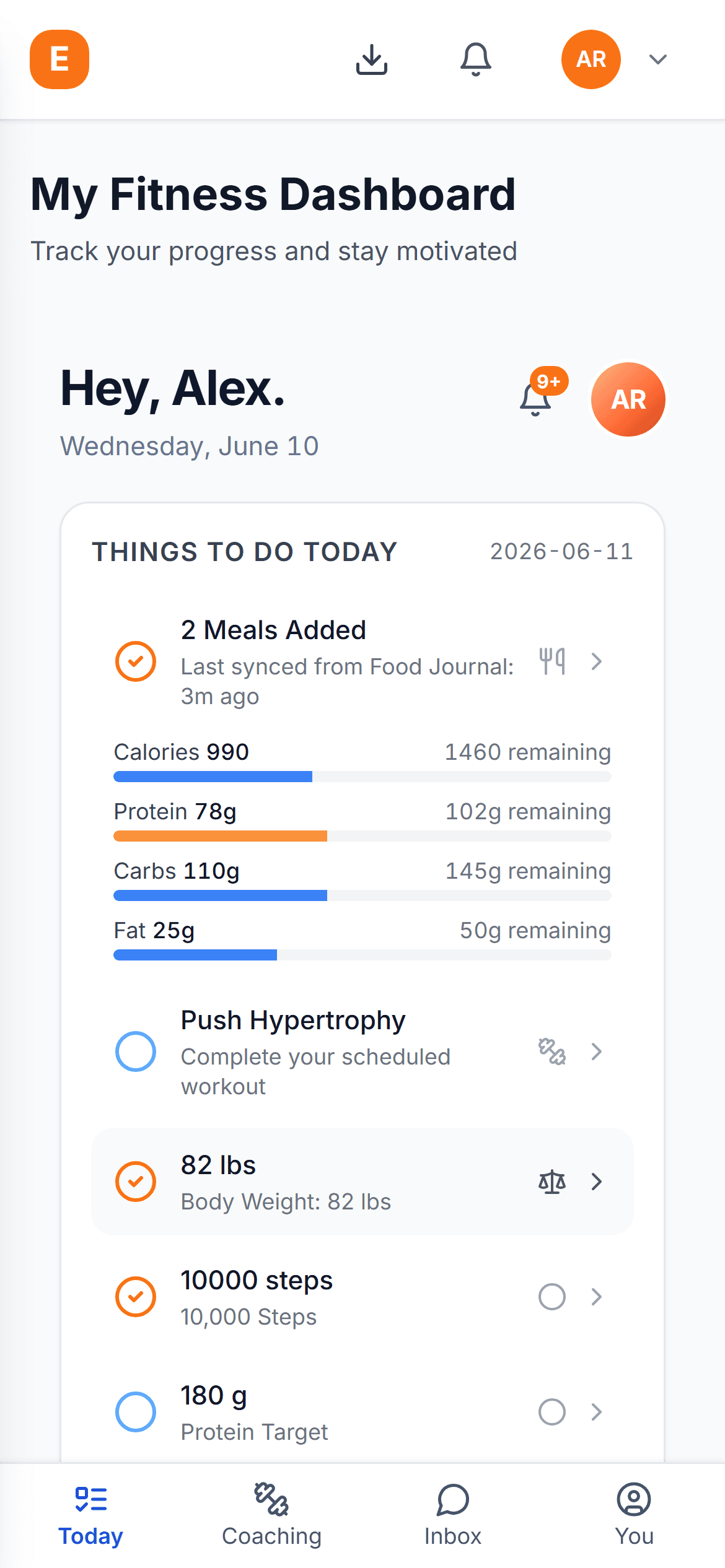 EvoFit client app Today tab showing the day's workout session on a phone