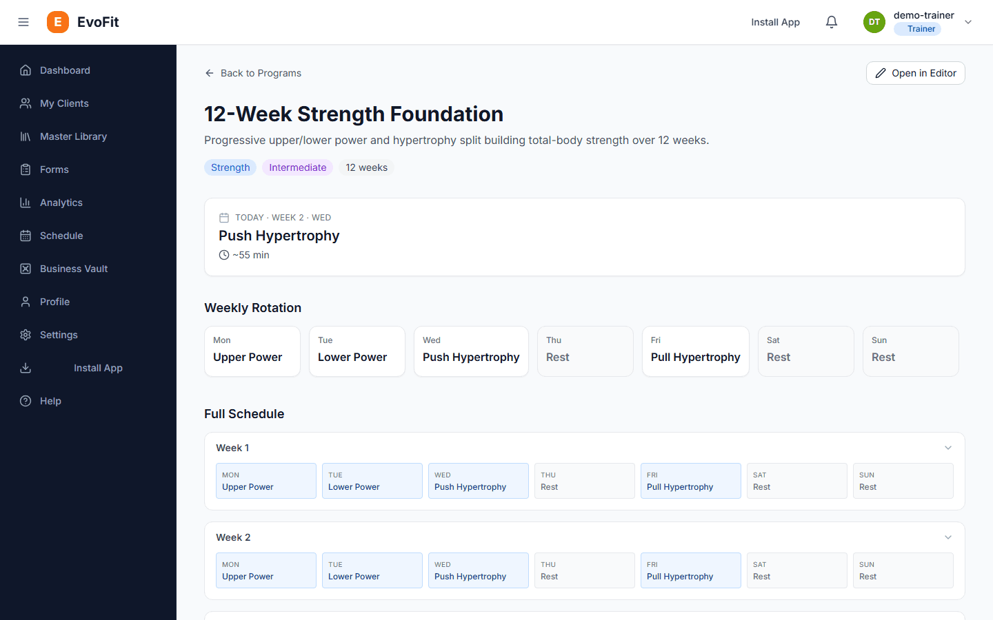 EvoFit Trainer program builder showing a 7-day rotation training cycle being edited