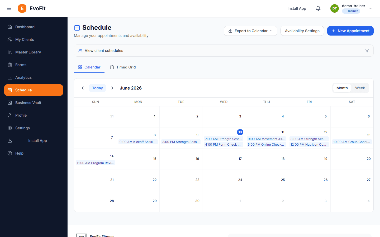EvoFit Trainer weekly schedule editor with drag-and-drop session planning